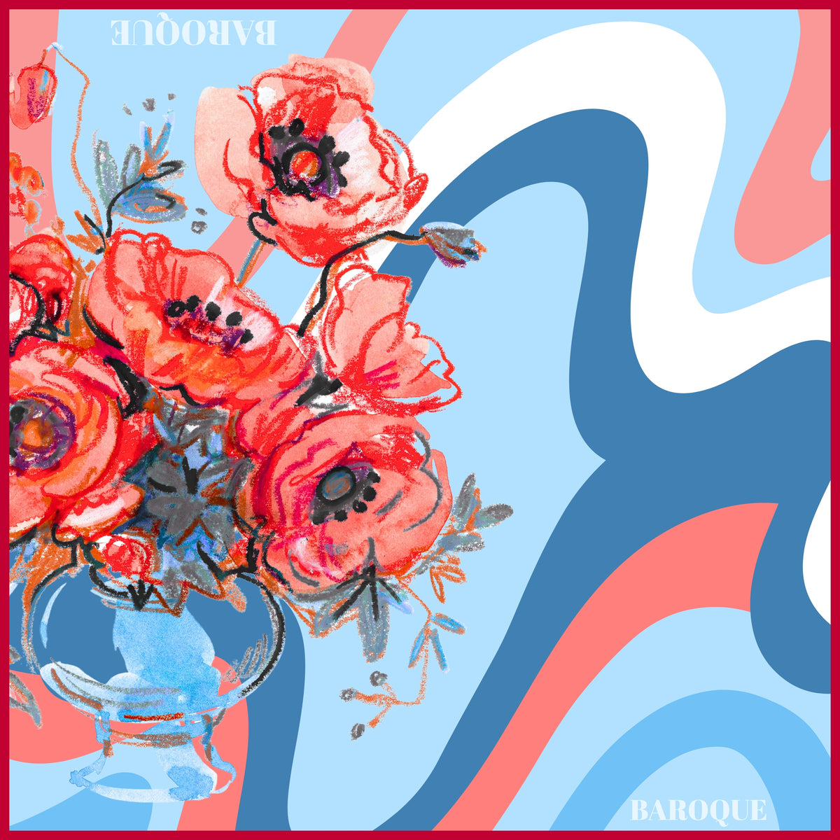 Swirls of Spring silk scarf: red poppies in a blue vase against swirling ribbons of blue, pink and white