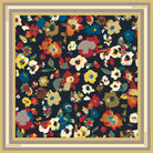 Navy Days silk scarf: small red, gold, cream and blue flowers on navy with a gold border
