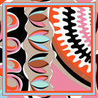 Emilio Bedilio silk scarf: waves and petals in orange, pink, mint and black with a sky blue border