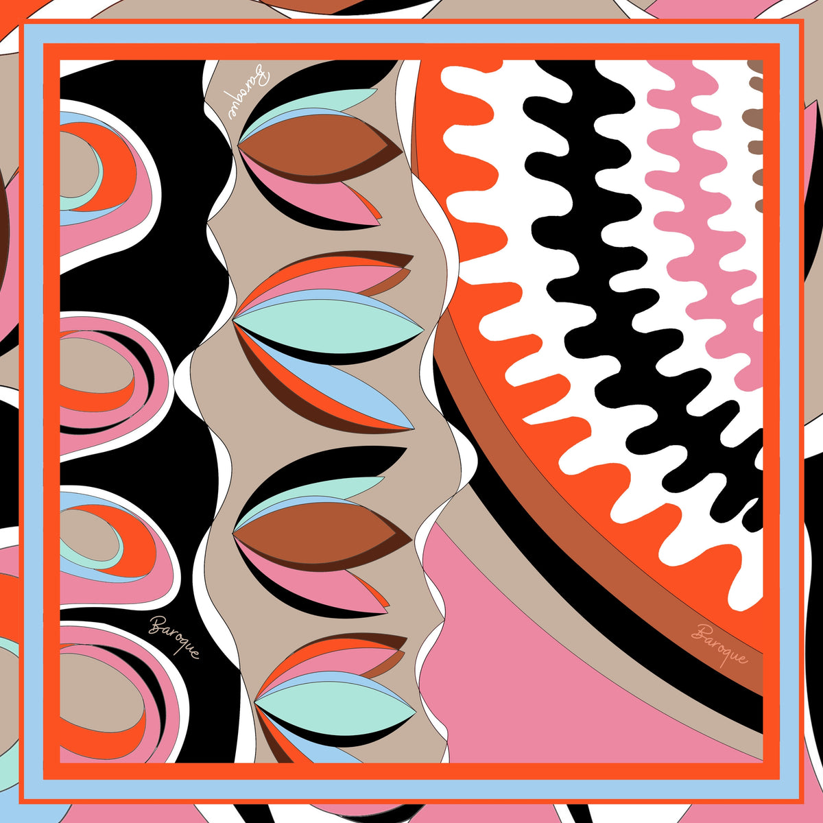 Emilio Bedilio silk scarf: waves and petals in orange, pink, mint and black with a sky blue border