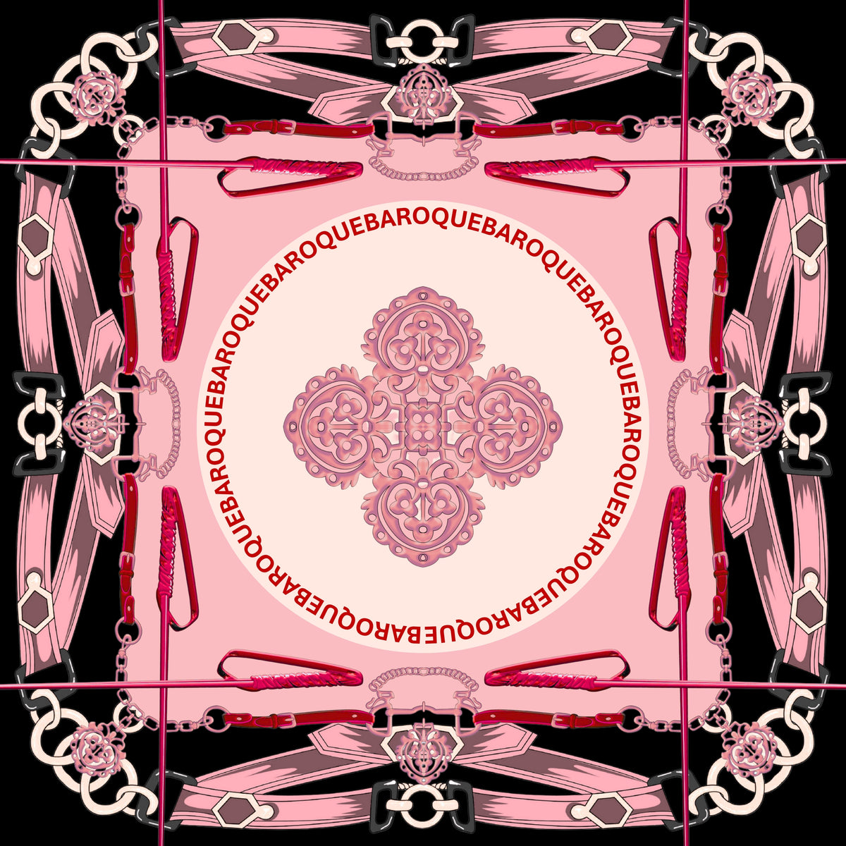 Ride Of Baroque silk scarf: pink bridles and silver buckles framing the BAROQUE name on black