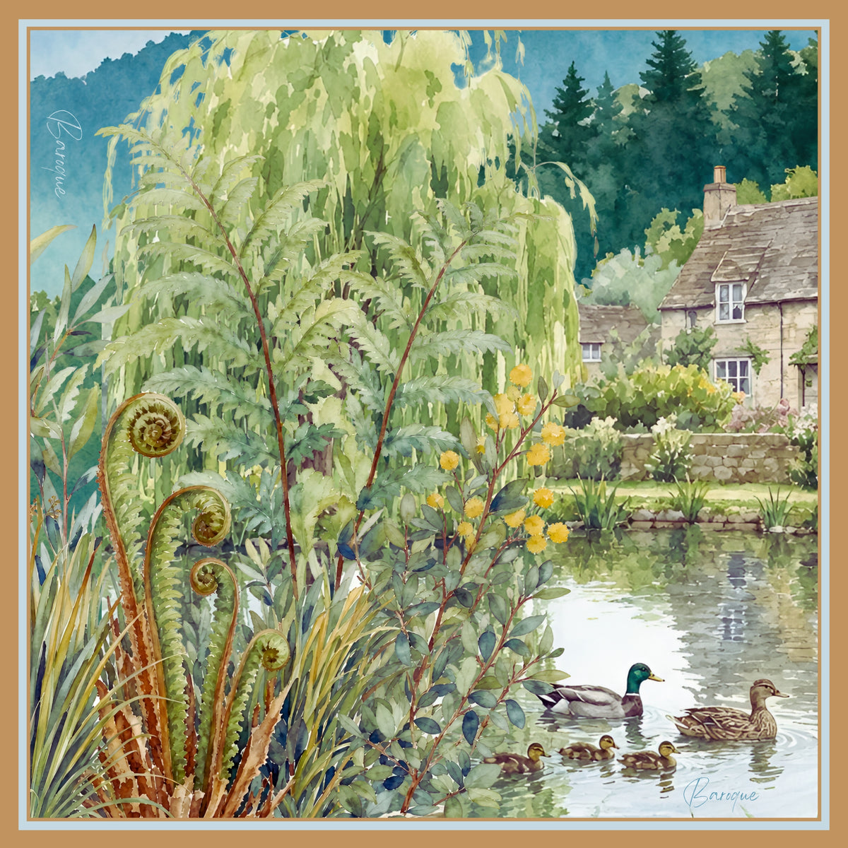Family Affair silk scarf: a mother duck leading ducklings across a pond past ferns and a willow towards a stone cottage
