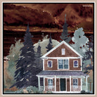 Calm Cottage silk scarf: a timber house among dark pine trees beneath a rust coloured sky
