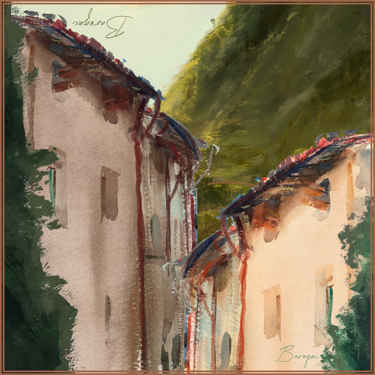 Hidden in the Hood silk scarf: two old stone houses leaning together across a narrow lane below green hills
