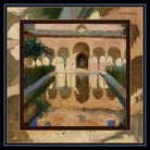Beautiful Bath silk scarf: golden Moorish arches reflected in a long garden pool, framed in brown and navy