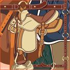 Harnessed silk scarf: a western saddle surrounded by belts and buckles in tan, navy and rust