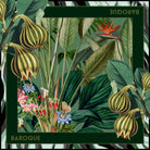 Green Scene silk scarf: striped pods among broad tropical leaves with a bird of paradise and a passionflower