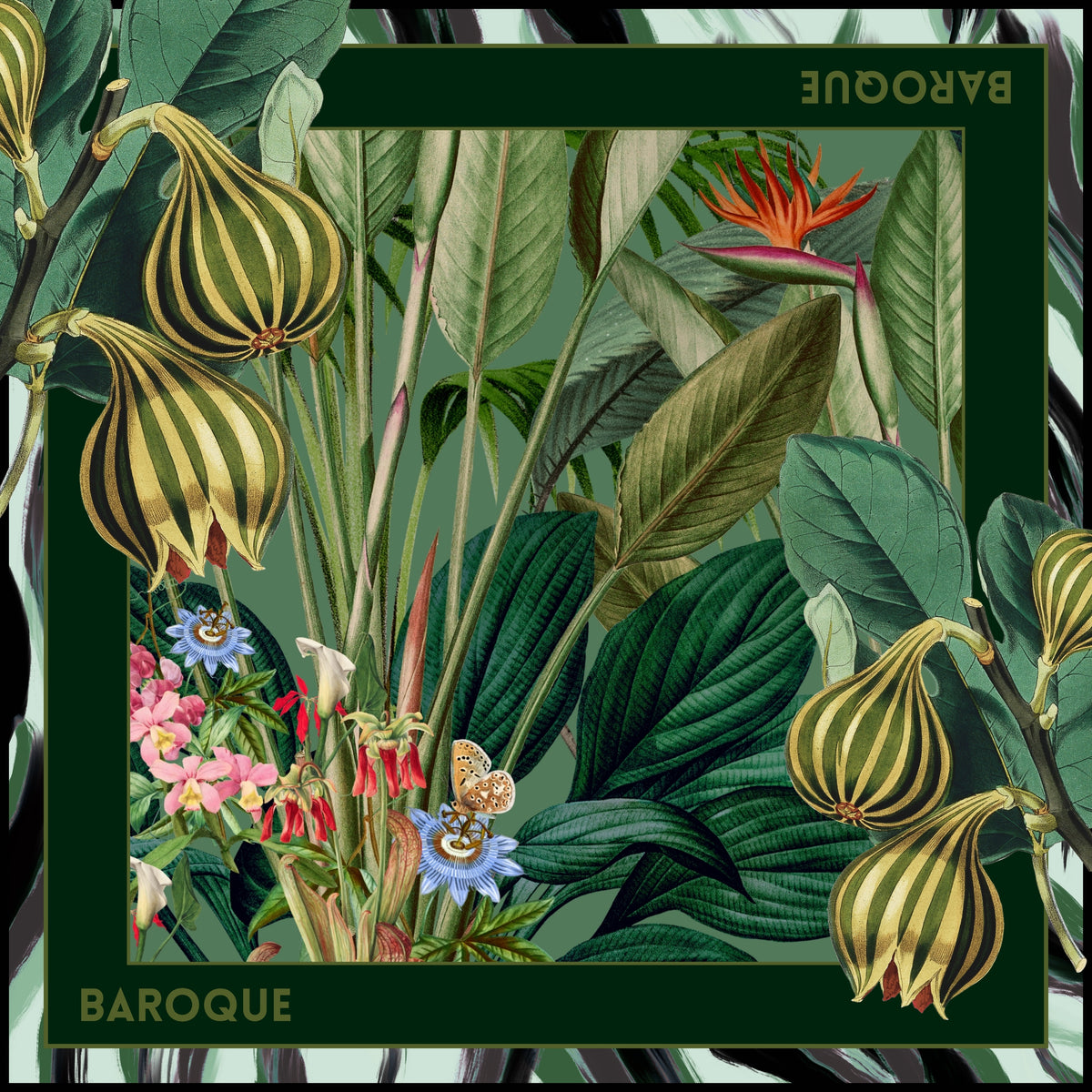 Green Scene silk scarf: striped pods among broad tropical leaves with a bird of paradise and a passionflower