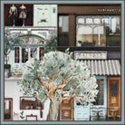 Coffee Spree silk scarf: an olive tree in front of a row of small shops and cafes, framed in grey blue