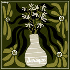 Budding Bunch silk scarf: a striped vase holding pale blossoms with swirling olive leaves on deep green