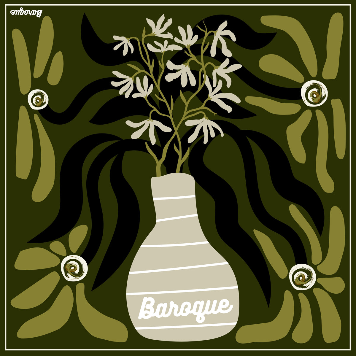 Budding Bunch silk scarf: a striped vase holding pale blossoms with swirling olive leaves on deep green