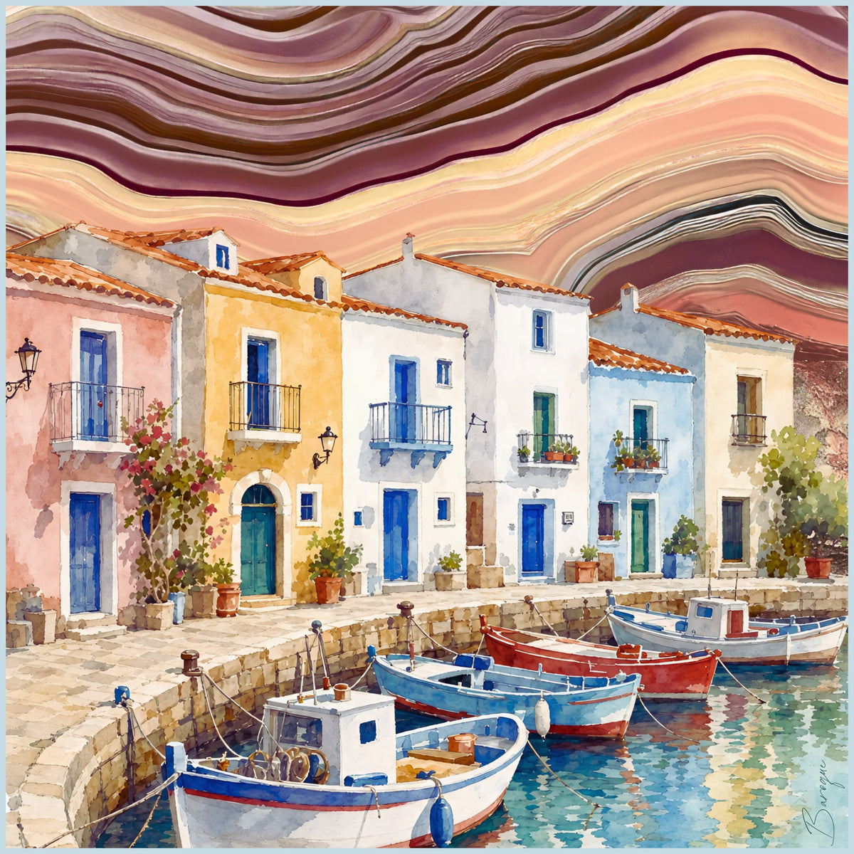 Shimmer Shore silk scarf: a harbour of colourful houses with blue shutters and small fishing boats under a rippling rose and plum sky
