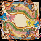 Carnival Horse silk scarf: pink and green ribbons, chains, buckles and bright flowers winding across cream on black