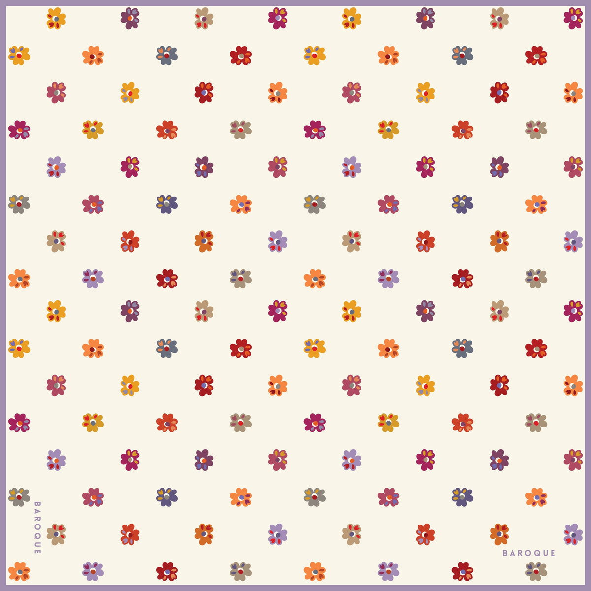 Flower Shower silk scarf: small plum, orange and violet flowers in neat rows on a cream ground with a lilac border