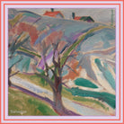 Twinkling Twilight silk scarf: a bare tree on a hillside of lilac, teal and rose with two red roofs at the top