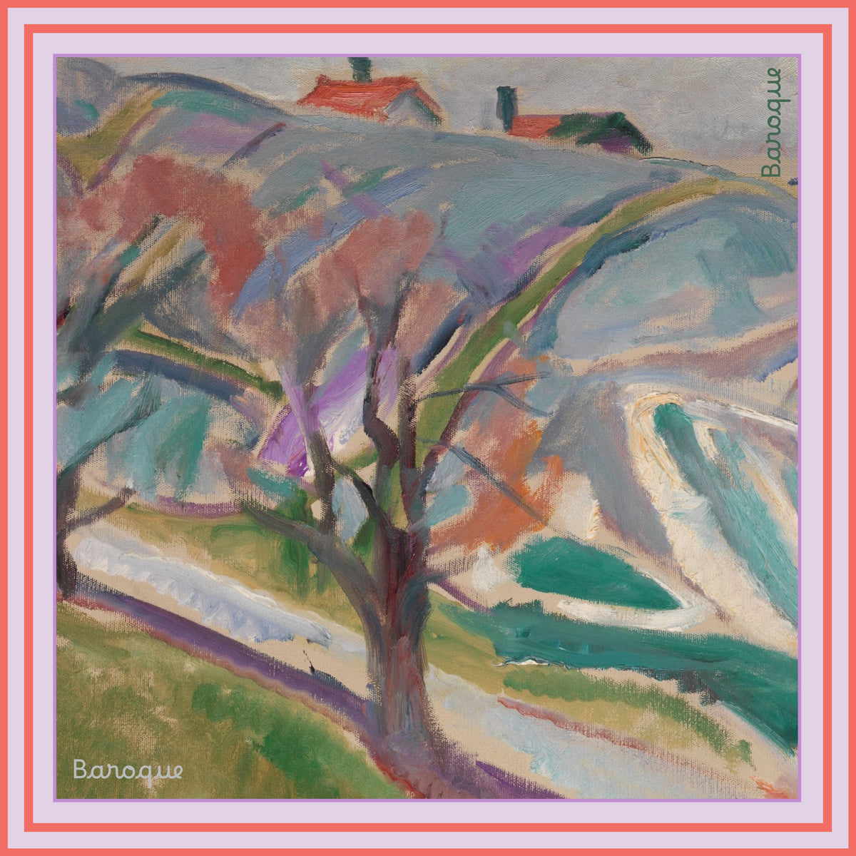 Twinkling Twilight silk scarf: a bare tree on a hillside of lilac, teal and rose with two red roofs at the top